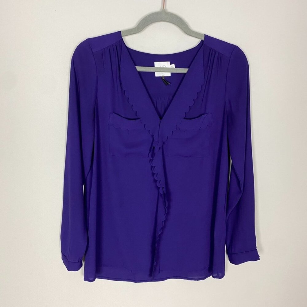 HD‎ in Paris Scalloped Long Sleeve Blouse Purple Womens 4 Career Professional